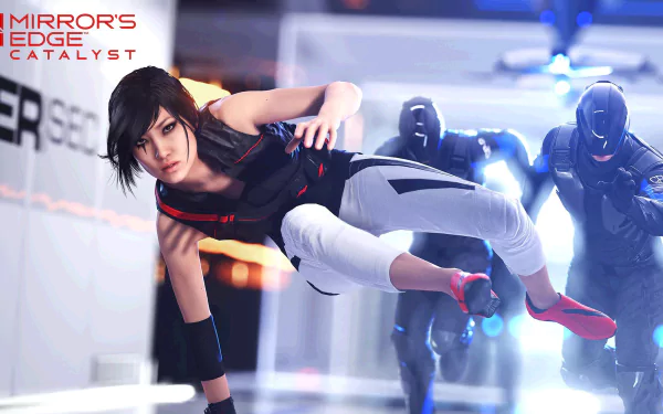 HD wallpaper featuring Faith Connors from the video game Mirror's Edge Catalyst, showcasing her dynamic leap as she evades enemies in a futuristic setting.