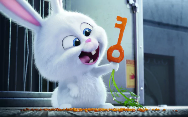 A playful white rabbit holds a key and munches on carrots in this vibrant HD wallpaper from The Secret Life of Pets, showcasing the fun and adventurous spirit of the film.
