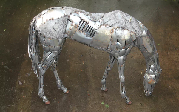 HD PC desktop wallpaper showing a man-made scrap metal art sculpture of a grazing horse formed from welded steel plates and gears.