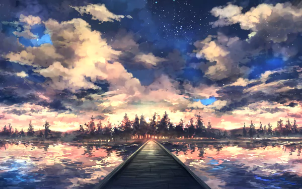 HD artistic landscape wallpaper of a serene lake with a wooden pier walkway extending into calm waters, reflecting a dramatic sky filled with clouds and stars.