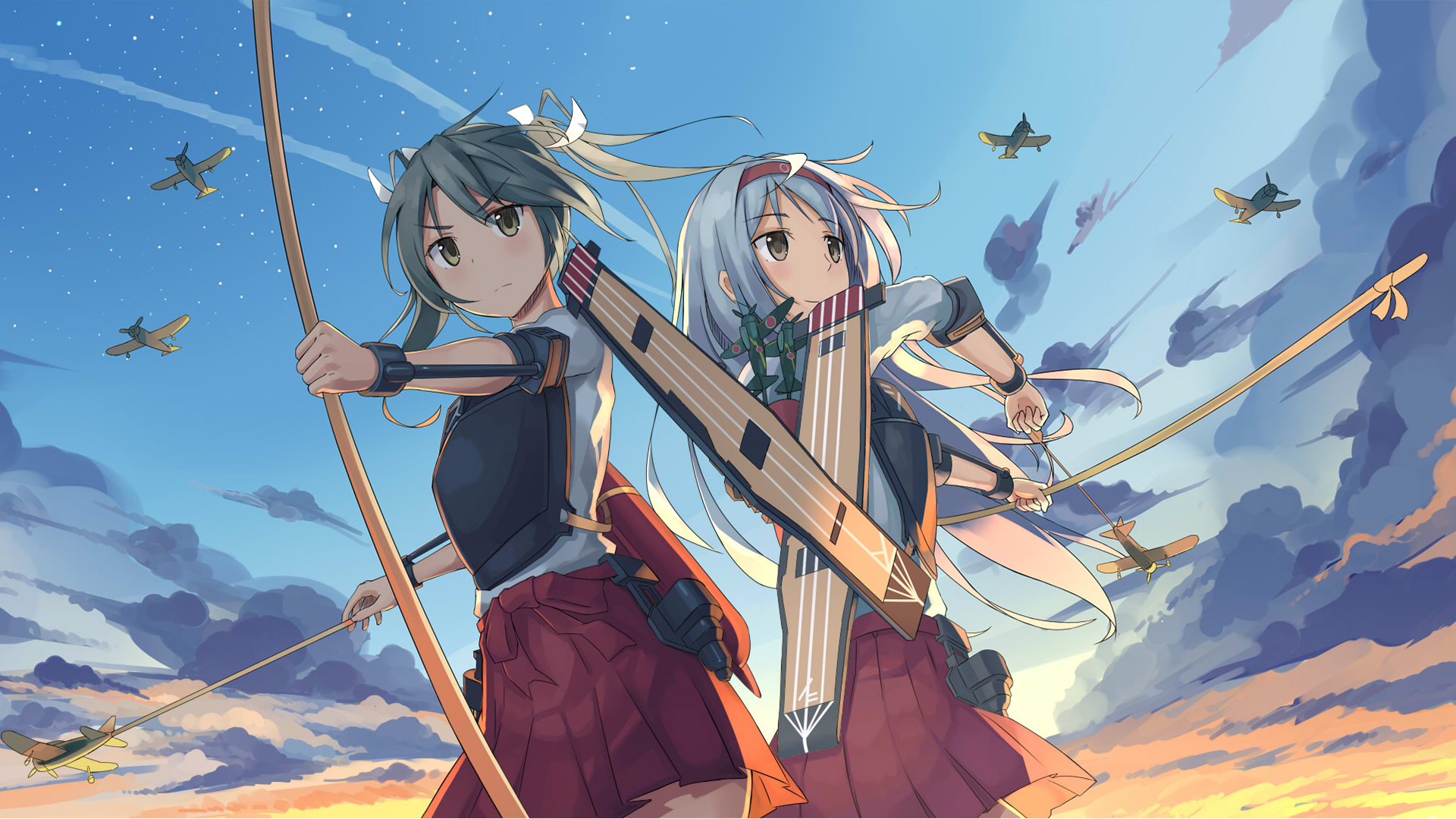 Anime-style HD desktop wallpaper featuring Zuikaku and Shoukaku from Kantai Collection, both poised with bows against a vibrant sky with fighter planes in the background.