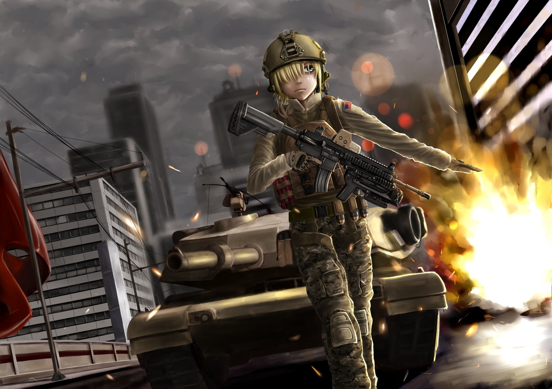 Anime-style soldier armed with an assault rifle in front of a tank amid a fiery explosion, set against a dark urban battlefield in 4K Ultra HD military wallpaper.