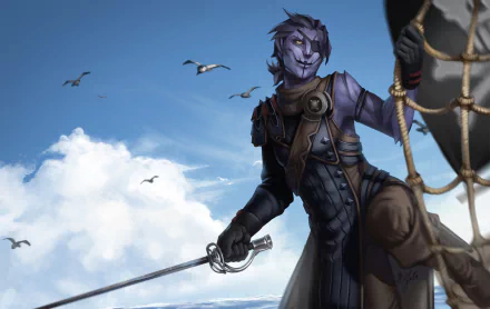 A fantasy pirate bird with an eye patch and sword stands on a ship against a bright sky with seagulls, detailed in HD for a PC desktop wallpaper.