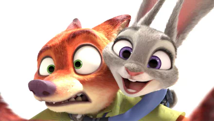 HD desktop wallpaper from the movie Zootopia, featuring Nick Wilde and Judy Hopps in a close-up shot with expressive faces.