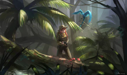 HD PC desktop wallpaper of Luka Megurine (Vocaloid) depicted as an anime explorer standing on a mossy log in a misty jungle, accompanied by a glowing blue bird companion.