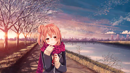 Yui Yuigahama from My Teen Romantic Comedy SNAFU smiles warmly while wrapped in a cozy scarf, set against a serene riverside sunset. A beautiful HD desktop wallpaper.