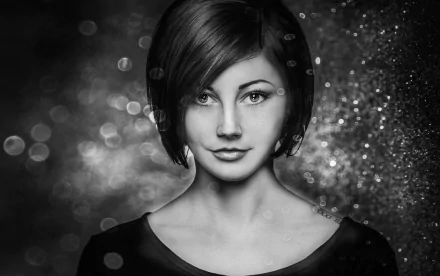 Black and white HD desktop wallpaper of a woman model with short hair and glitter softly surrounding her face.