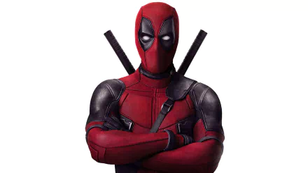 HD desktop wallpaper featuring Deadpool in his iconic red and black suit, arms crossed with swords on his back.