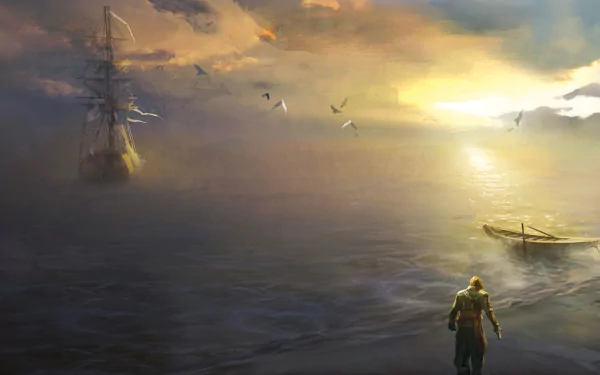 A stunning HD desktop wallpaper featuring Edward Kenway from Assassin's Creed IV: Black Flag, with a pirate ship on the ocean at sunset and a figure walking along the shore.