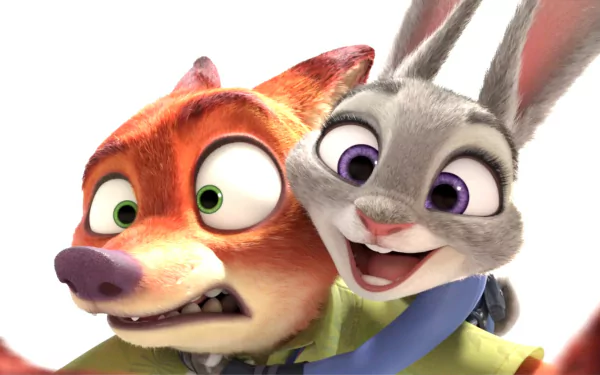 HD desktop wallpaper from the movie Zootopia, featuring Nick Wilde and Judy Hopps in a close-up shot with expressive faces.