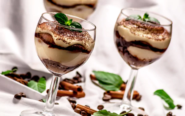 Two elegant glass cups filled with layered dessert featuring coffee beans, cinnamon sticks, and chocolate, garnished with fresh mint leaves on a bright background.
