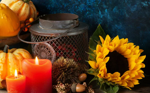 A still life 4K Ultra HD desktop wallpaper featuring fall elements: gourds, lit candles, a bright sunflower, and rustic lantern against a dark textured backdrop.