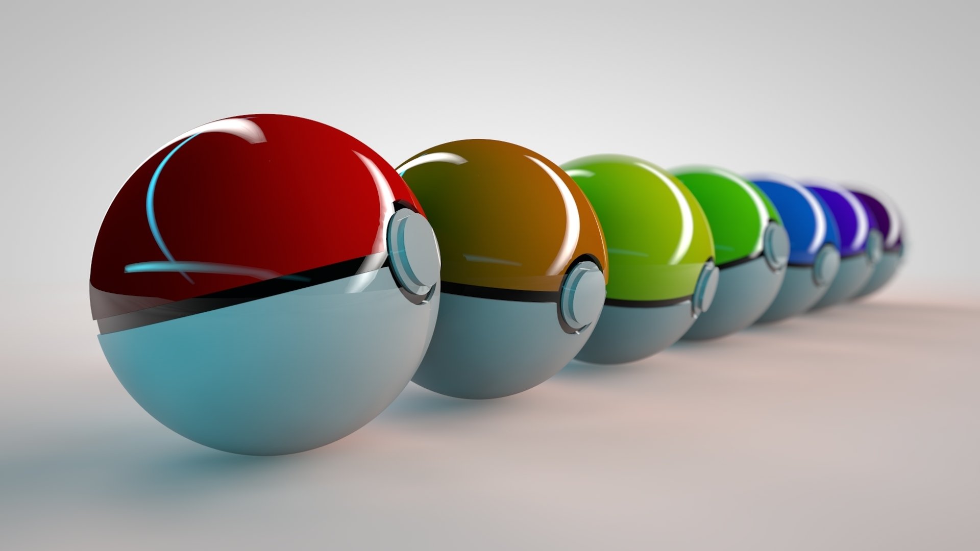 Anime Pokemon HD PC desktop wallpaper: glossy row of multicolored Poké Balls receding into a soft-focus background with crisp reflective highlights.