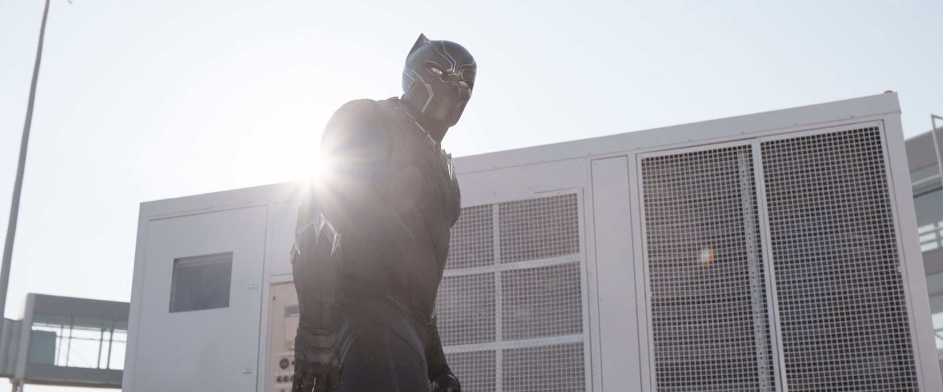 Black Panther stands confidently in this HD wallpaper from Captain America: Civil War, showcasing his iconic suit against a bright, sunlit background.