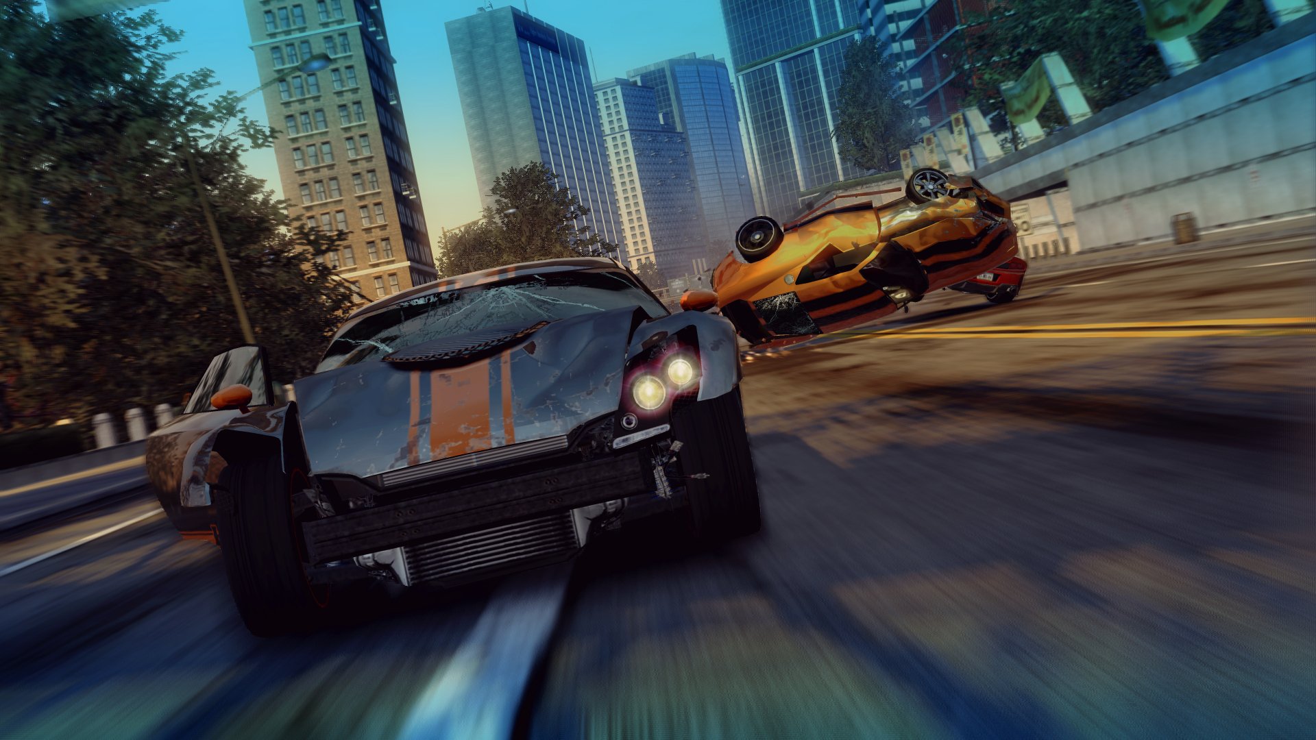 Fast-paced car chase from the video game Burnout Paradise, captured in a dynamic 4K Ultra HD PC desktop wallpaper with city skyscrapers in the background.