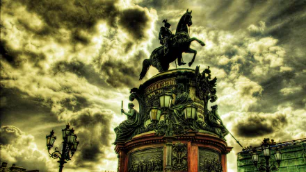 HDR HD PC desktop wallpaper: dramatic cloud-filled sky over a man-made equestrian statue in Saint Petersburg, Russia, ornate monument and vintage lampposts silhouetted against the light.