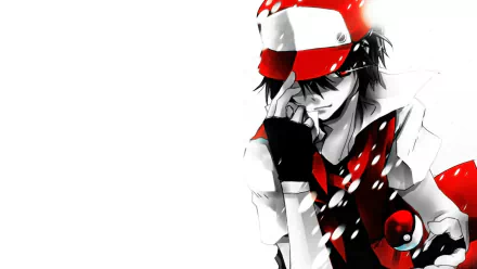 A dynamic HD wallpaper featuring Red from Pokémon, inspired by Pokémon: Red and Blue, showcasing his iconic red and white cap and determined expression against a minimalist background.