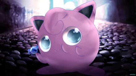 HD desktop wallpaper featuring the Pokémon Jigglypuff on a pebbled surface with a dramatic backlight.