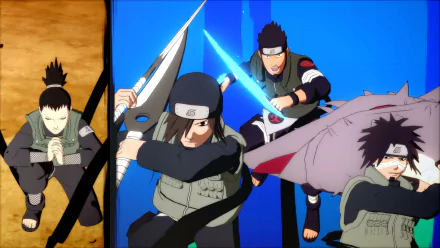 HD PC desktop wallpaper featuring Izumo Kamizuki, Kotetsu Hagane, Shikamaru Nara, and Asuma Sarutobi from Naruto Shippuden: Ultimate Ninja Storm 4 video game.