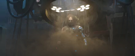 Sebastian Stan as the Winter Soldier emerges from a shadowy chamber, enveloped in mist and dramatic lighting, captured from the movie Captain America: Civil War.