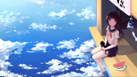 Anime-style girl with long black hair and purple eyes in a school uniform sits on a ledge with a black cat and watermelon slice, overlooking a bright blue sky filled with clouds.