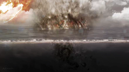 A fantasy HD desktop wallpaper depicting a demon phoenix rising underwater beneath a blazing sun, entangled in dark chains with stormy clouds overhead.