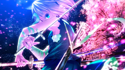 HD anime desktop wallpaper featuring Youmu Konpaku from Touhou, wielding dual swords amidst vibrant cherry blossoms and glowing blue and pink lighting.