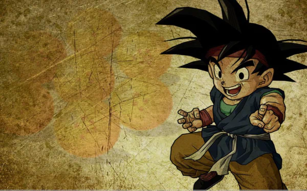 HD desktop wallpaper featuring young Goku from Dragon Ball Z in an energetic pose against a textured, vintage-style background.