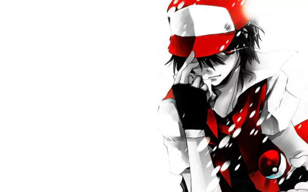 A dynamic HD wallpaper featuring Red from Pokémon, inspired by Pokémon: Red and Blue, showcasing his iconic red and white cap and determined expression against a minimalist background.