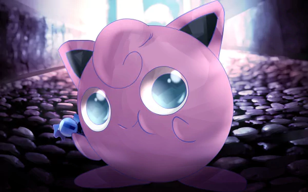 HD desktop wallpaper featuring the Pokémon Jigglypuff on a pebbled surface with a dramatic backlight.