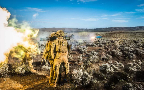 HD PC desktop wallpaper: military soldier launching a missile weapon across open scrubland, smoke and muzzle flash under a wide blue sky.