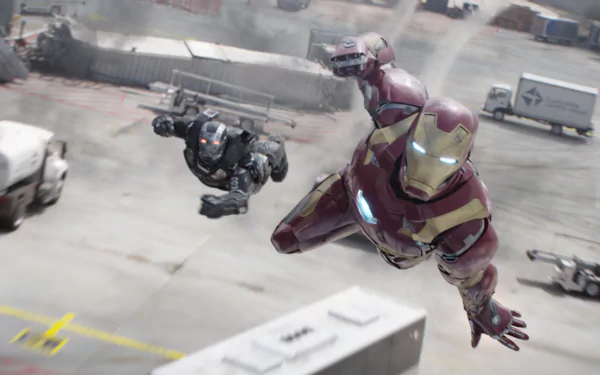 Iron Man and War Machine flying in an intense scene from Captain America: Civil War. HD wallpaper background.