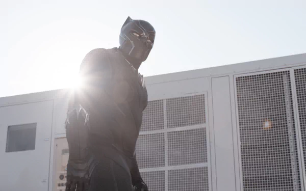 Black Panther stands confidently in this HD wallpaper from Captain America: Civil War, showcasing his iconic suit against a bright, sunlit background.
