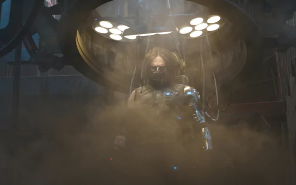 Sebastian Stan as the Winter Soldier emerges from a shadowy chamber, enveloped in mist and dramatic lighting, captured from the movie Captain America: Civil War.