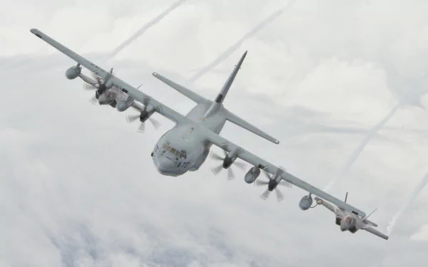 HD desktop wallpaper of a Lockheed Martin C-130J Super Hercules military transport aircraft banking over clouds with contrails.