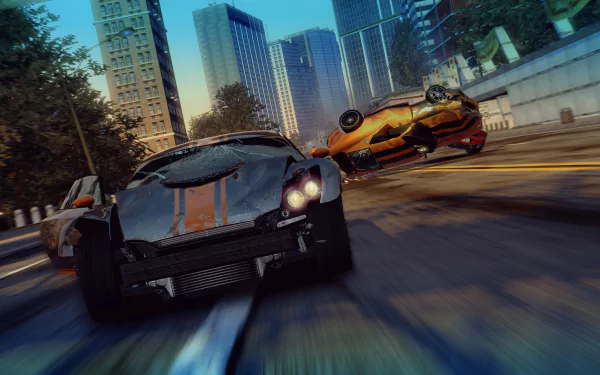 Fast-paced car chase from the video game Burnout Paradise, captured in a dynamic 4K Ultra HD PC desktop wallpaper with city skyscrapers in the background.