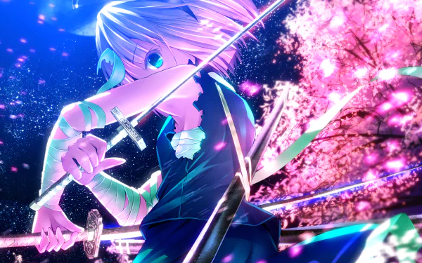 HD anime desktop wallpaper featuring Youmu Konpaku from Touhou, wielding dual swords amidst vibrant cherry blossoms and glowing blue and pink lighting.