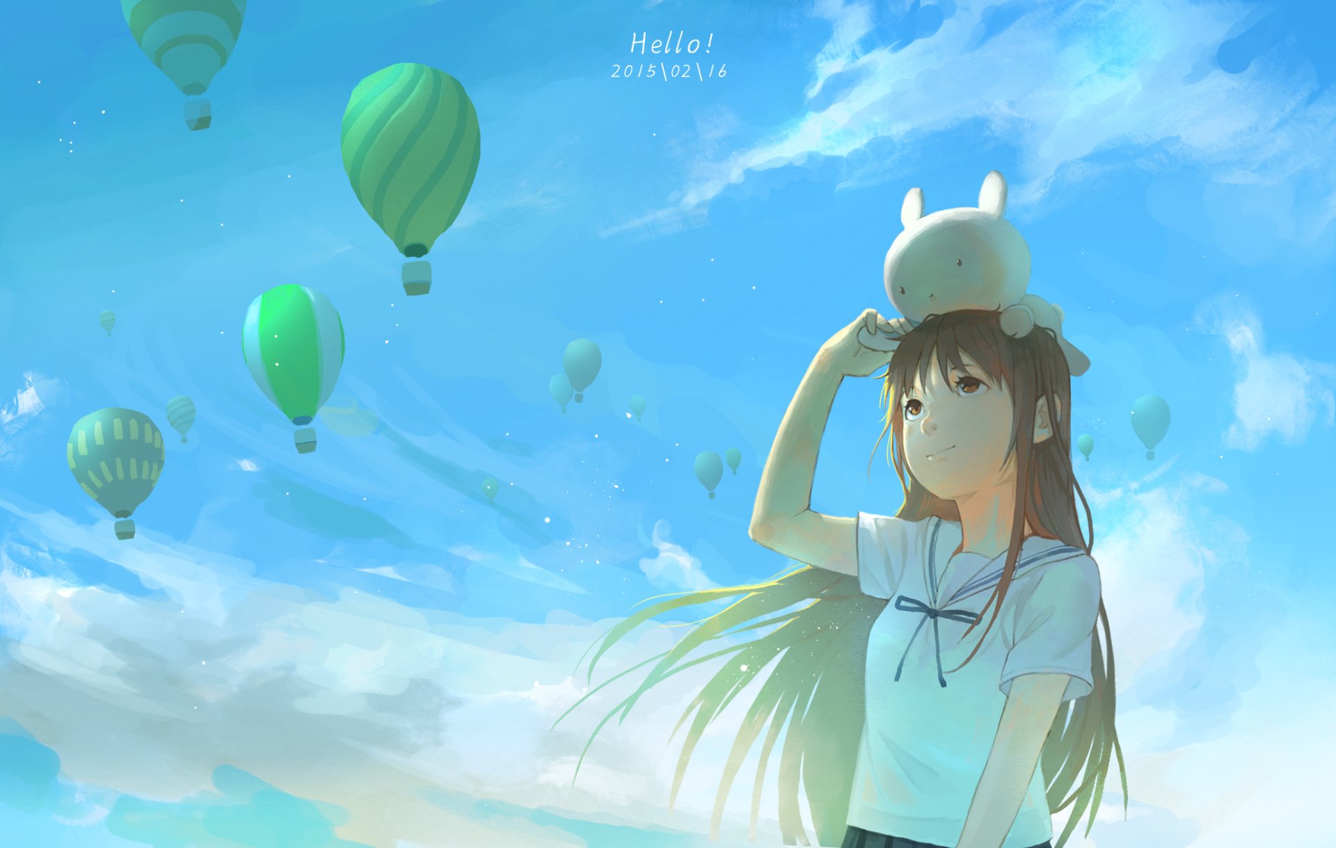 HD anime original desktop wallpaper featuring a girl with long hair and a bunny hat, set against a bright blue sky with floating hot air balloons.