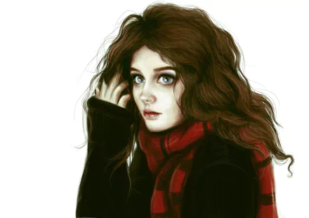 Artistic painting of a brunette woman with blue eyes wearing a red scarf, stylized as a 2K Quad HD PC desktop wallpaper and background.