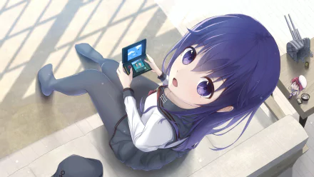 HD wallpaper featuring Akatsuki from KanColle, with a character sitting casually and holding a handheld gaming console, set in a bright, stylish environment.