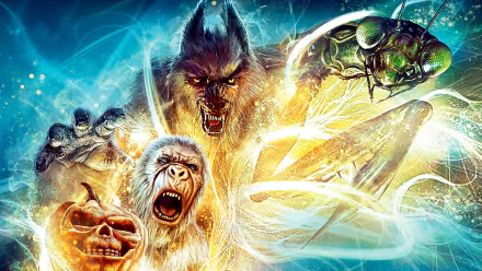 HD PC desktop wallpaper featuring a fierce werewolf, a roaring gorilla, a menacing praying mantis, and a glowing pumpkin, inspired by Goosebumps movie themes.