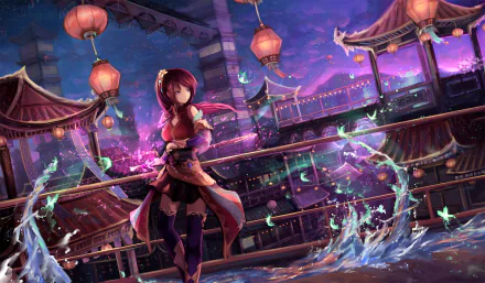 An original anime-themed HD desktop wallpaper featuring a female character standing on a balcony with a magical, lantern-lit night sky background.