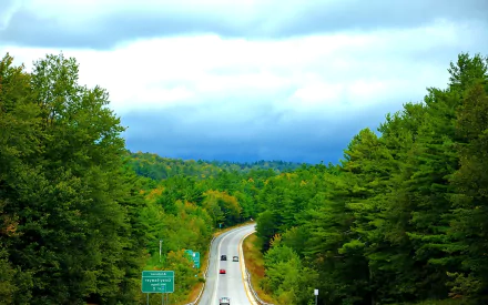 HD PC desktop wallpaper of green Vermont forest with tall trees framing a curving man-made highway road under a cloudy sky