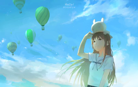 HD anime original desktop wallpaper featuring a girl with long hair and a bunny hat, set against a bright blue sky with floating hot air balloons.