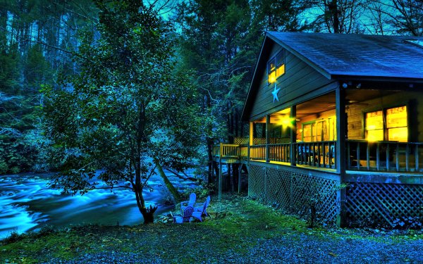 Man Made House HDR River Dusk Tree Light Porch HD Wallpaper | Background Image