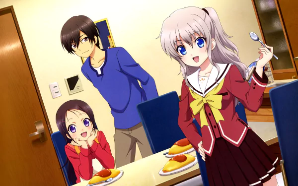HD anime wallpaper featuring characters Ayumi Otosaka, Yū Otosaka, and Nao Tomori from Charlotte, gathered around a table with plates of food.