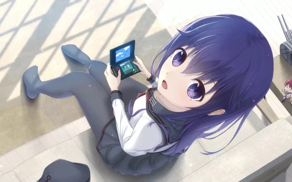 HD wallpaper featuring Akatsuki from KanColle, with a character sitting casually and holding a handheld gaming console, set in a bright, stylish environment.