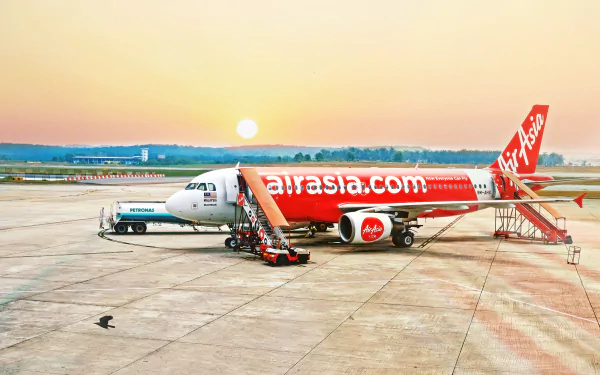Airbus A320 passenger plane with AirAsia livery parked at an airport during sunrise, captured in HD detail as a desktop wallpaper.