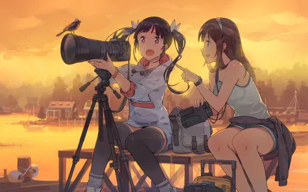 Two anime girls with cameras capture a vibrant sunset over the water, creating a serene and detailed HD desktop wallpaper scene.