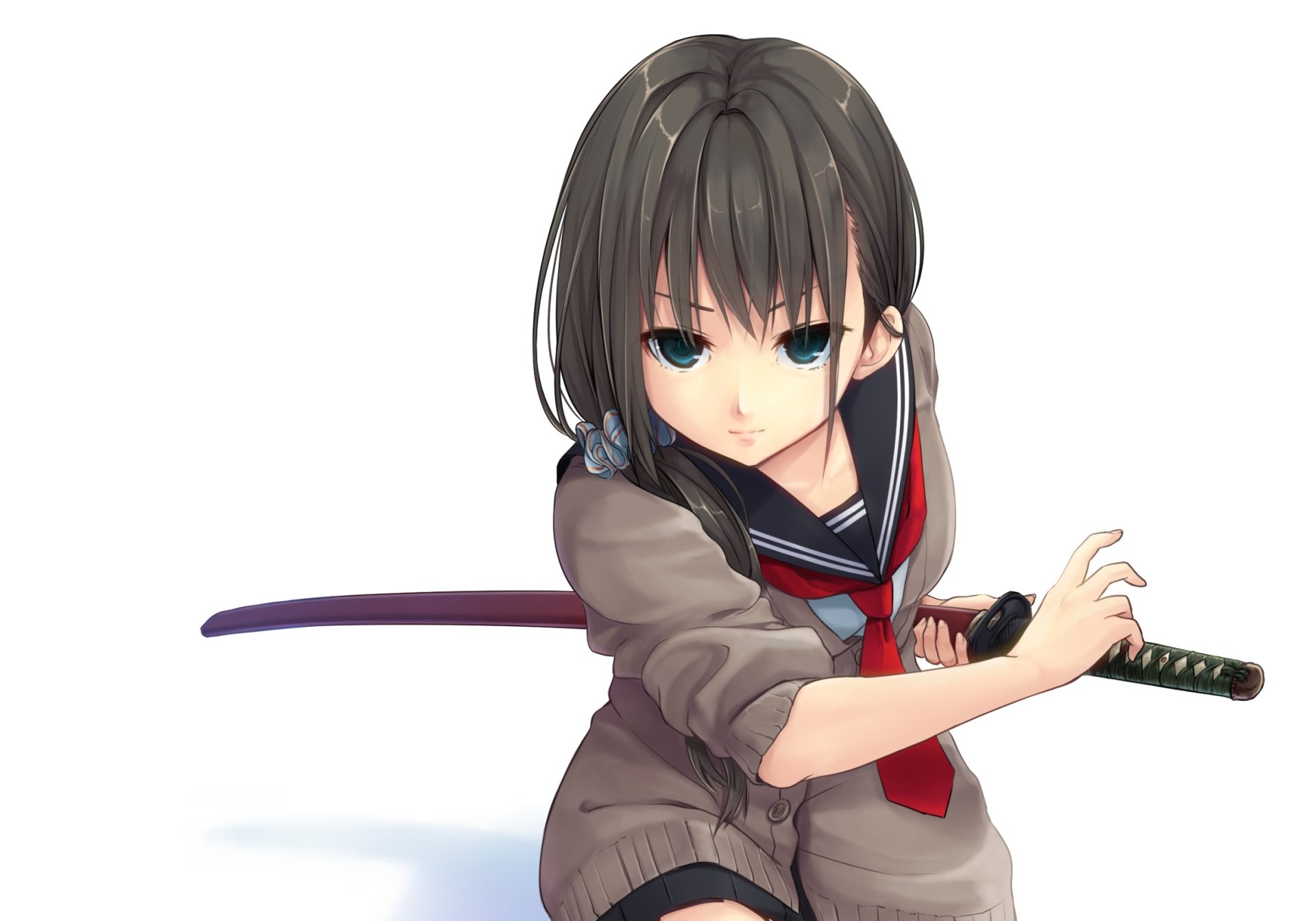 An anime character in a school uniform wields a katana, showcasing a striking pose. This HD image serves as a captivating desktop wallpaper and background.